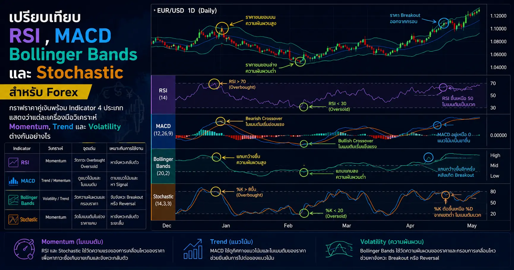 Indicator Forex คืออะไร? วิธีใช้ RSI, MACD, Bollinger Bands และ Stochastic