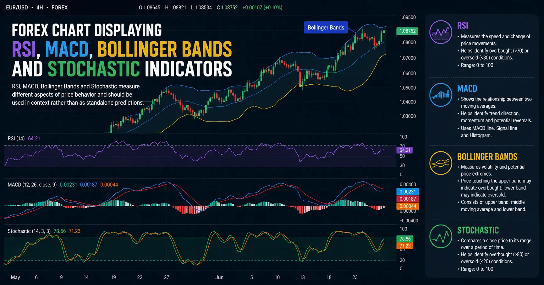 Forex Indicators: RSI, MACD, Bollinger & Stochastic